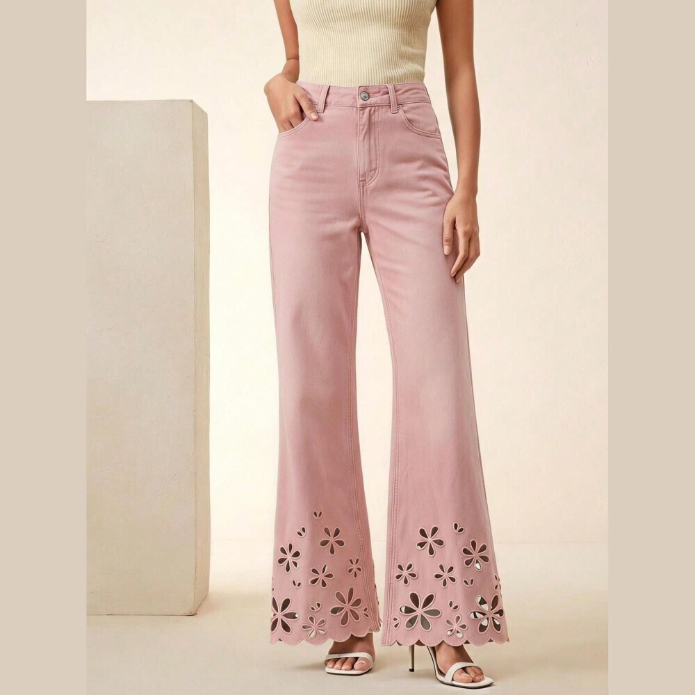 Pink Floral Cutout Scalloped Hem Flare Denim Jeans